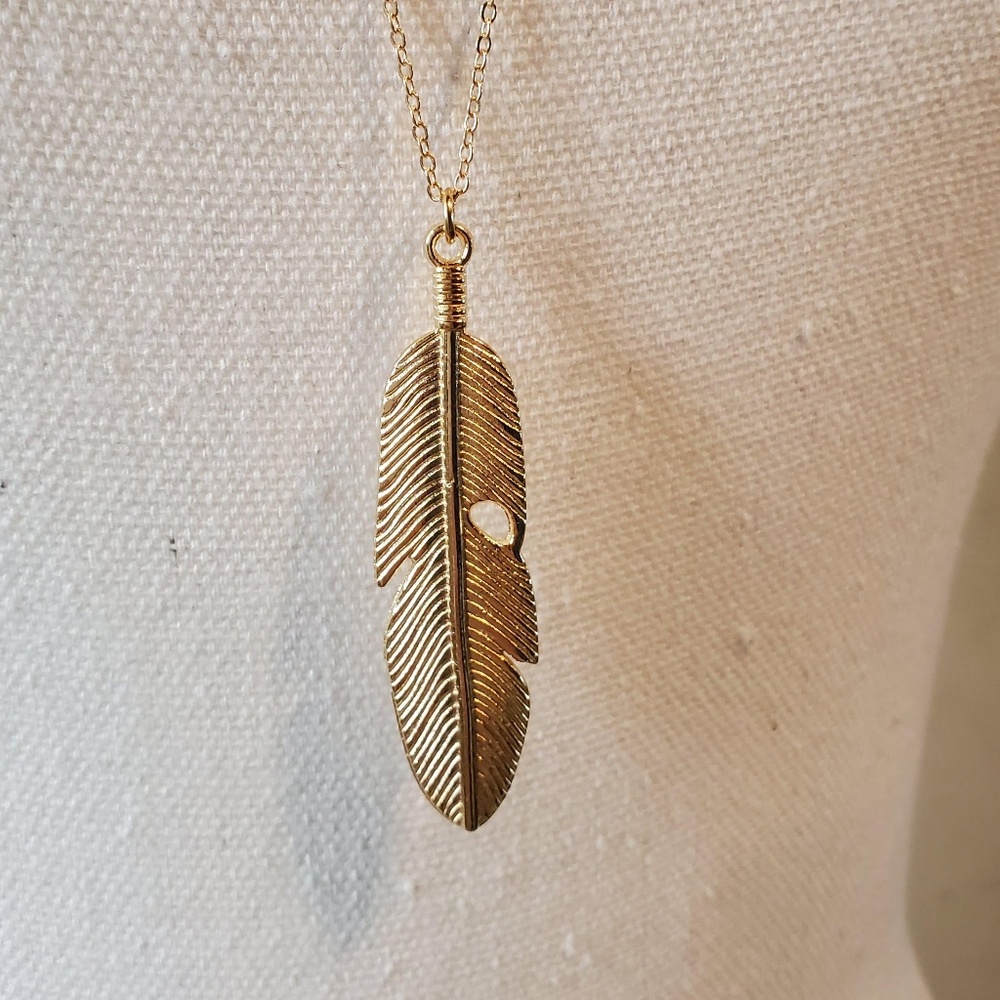 Gold Feather Pendant Long Necklace {NEW!}